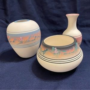 Set of 3 New West Pottery Vases Hand Painted Signed Numbered, Phoenix Arizona